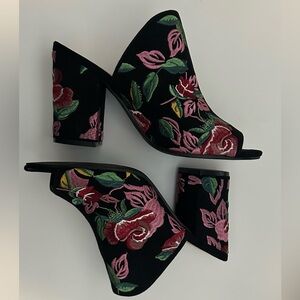 Black Embroidered Floral Open-Toe Block Heel Mules